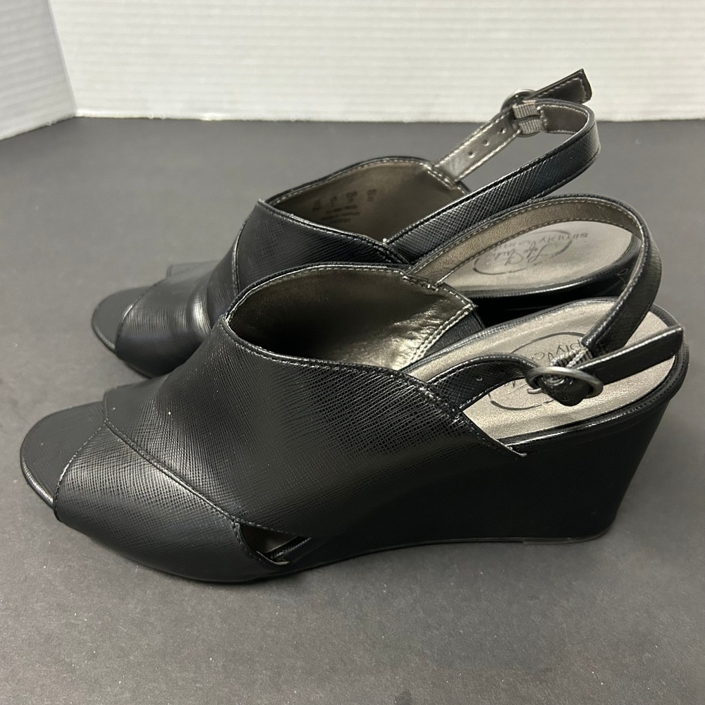 LifeStride Wedge Sandals Women's 8M Black Peep Toe Slingback Heels Cherish